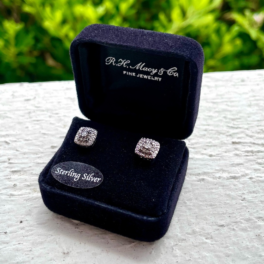 Sterling Silver Diamond Square Stud Earrings